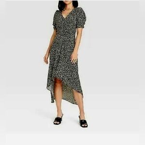 A New Day Black Pink Floral Ruched High Low Short Sleeve Dress Medium